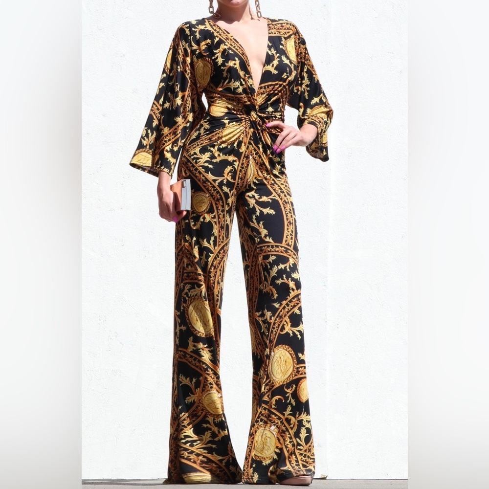 Jumpsuit black and yellow baroque style print front twist stretch
